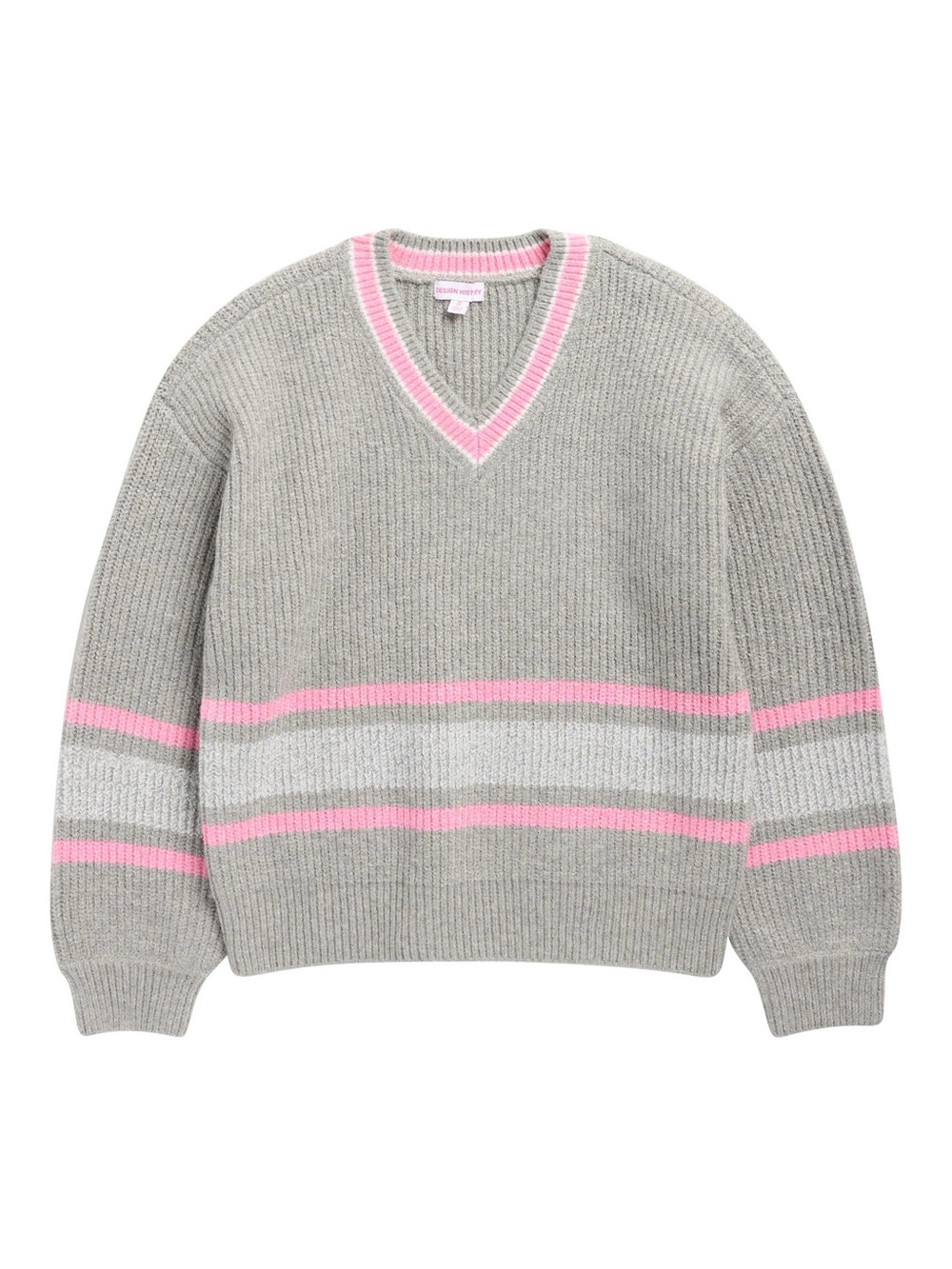 20. PTP 21” + Gray V-Neck Stripe Sweater with Pink Accents